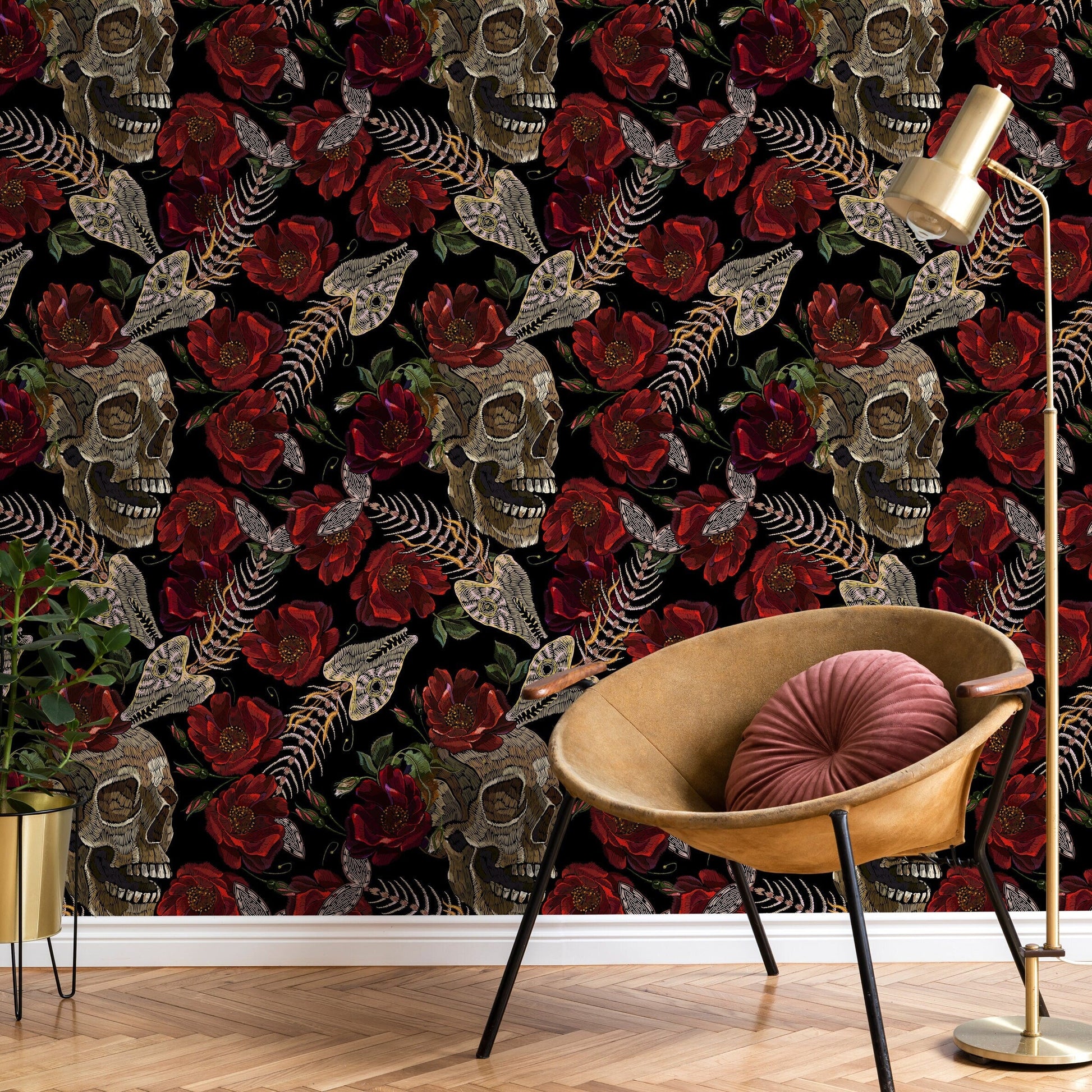 Dark Floral Wallpaper Fish Skeleton and Skull Wallpaper Peel and Stick and Traditional Wallpaper - D914