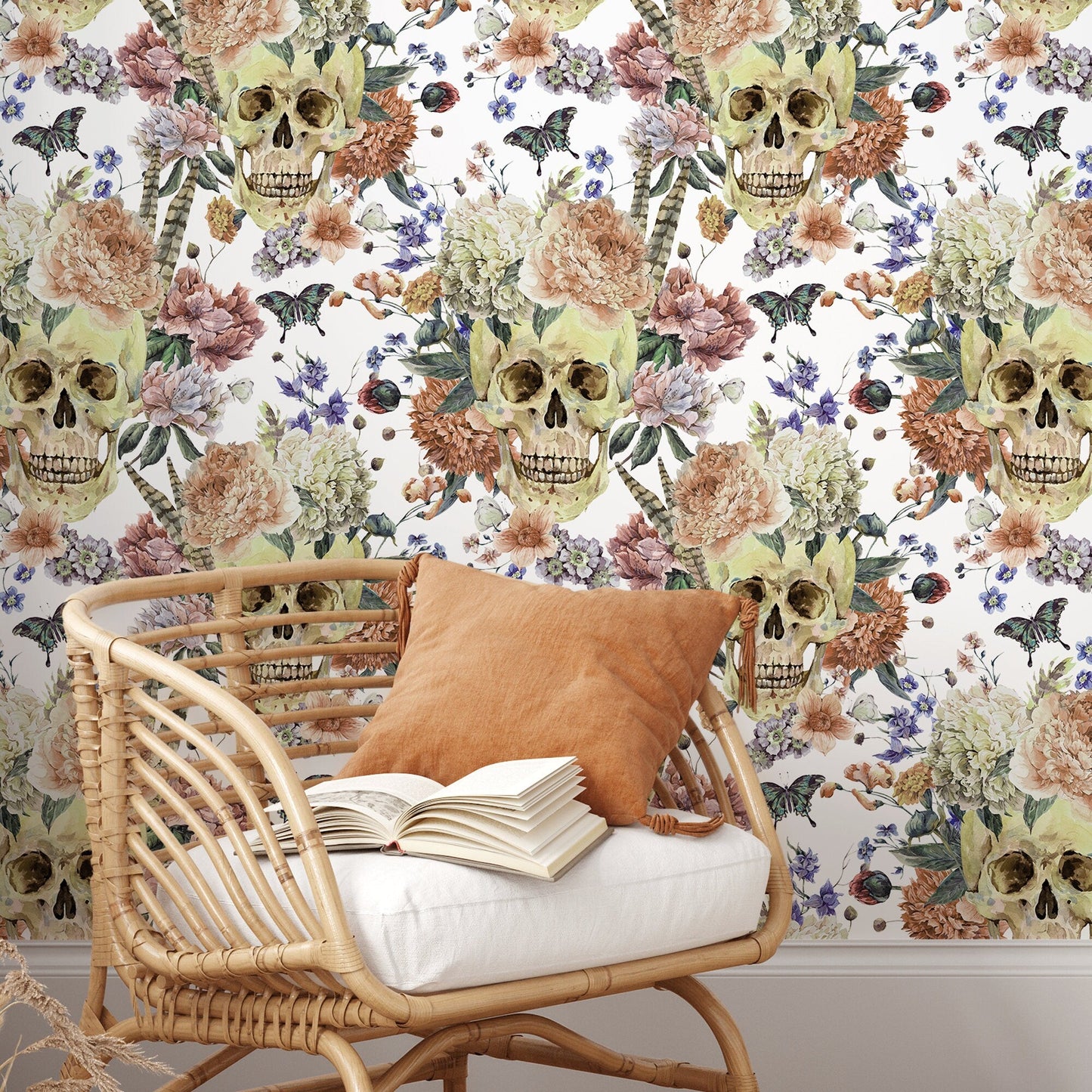 Vintage Floral Wallpaper Roses and Skulls Wallpaper Peel and Stick and Traditional Wallpaper - D923