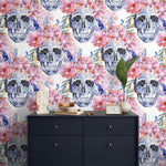Colorful Floral Wallpaper Roses and Skulls Wallpaper Peel and Stick and Traditional Wallpaper - D924
