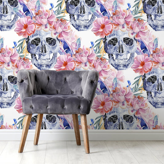 Colorful Floral Wallpaper Roses and Skulls Wallpaper Peel and Stick and Traditional Wallpaper - D924