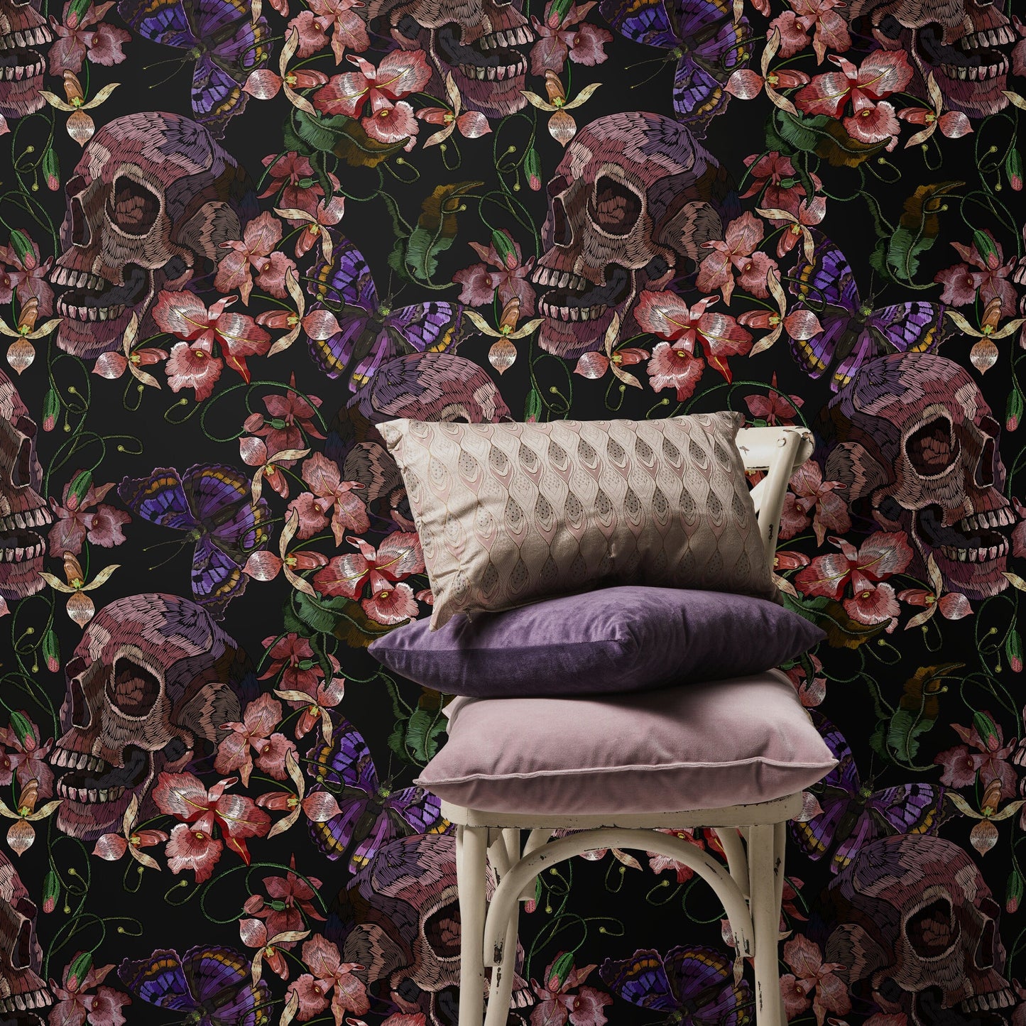Skull and Butterfly Wallpaper Dark Floral Wallpaper Peel and Stick and Traditional Wallpaper - D898