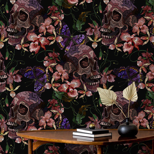 Skull and Butterfly Wallpaper Dark Floral Wallpaper Peel and Stick and Traditional Wallpaper - D898