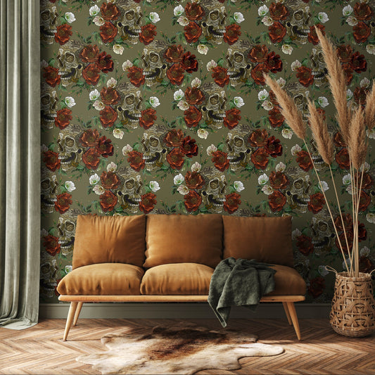 Floral and Skulls Wallpaper Maximalist Wallpaper Peel and Stick and Traditional Wallpaper - D904