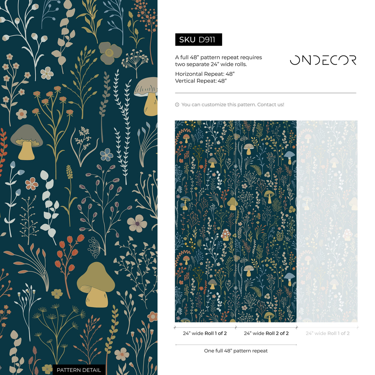 Dark Floral Wallpaper Leaf and Mushroom Wallpaper Peel and Stick and Traditional Wallpaper - D911