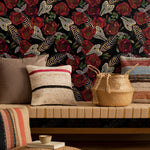 Dark Floral Wallpaper Fish Skeleton Wallpaper Peel and Stick and Traditional Wallpaper - D912