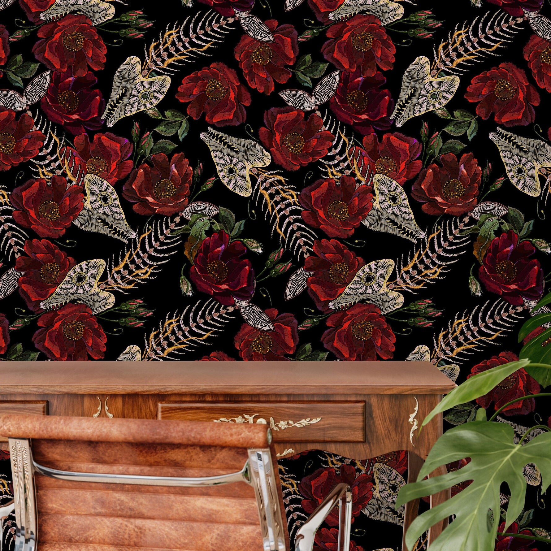 Dark Floral Wallpaper Fish Skeleton Wallpaper Peel and Stick and Traditional Wallpaper - D912