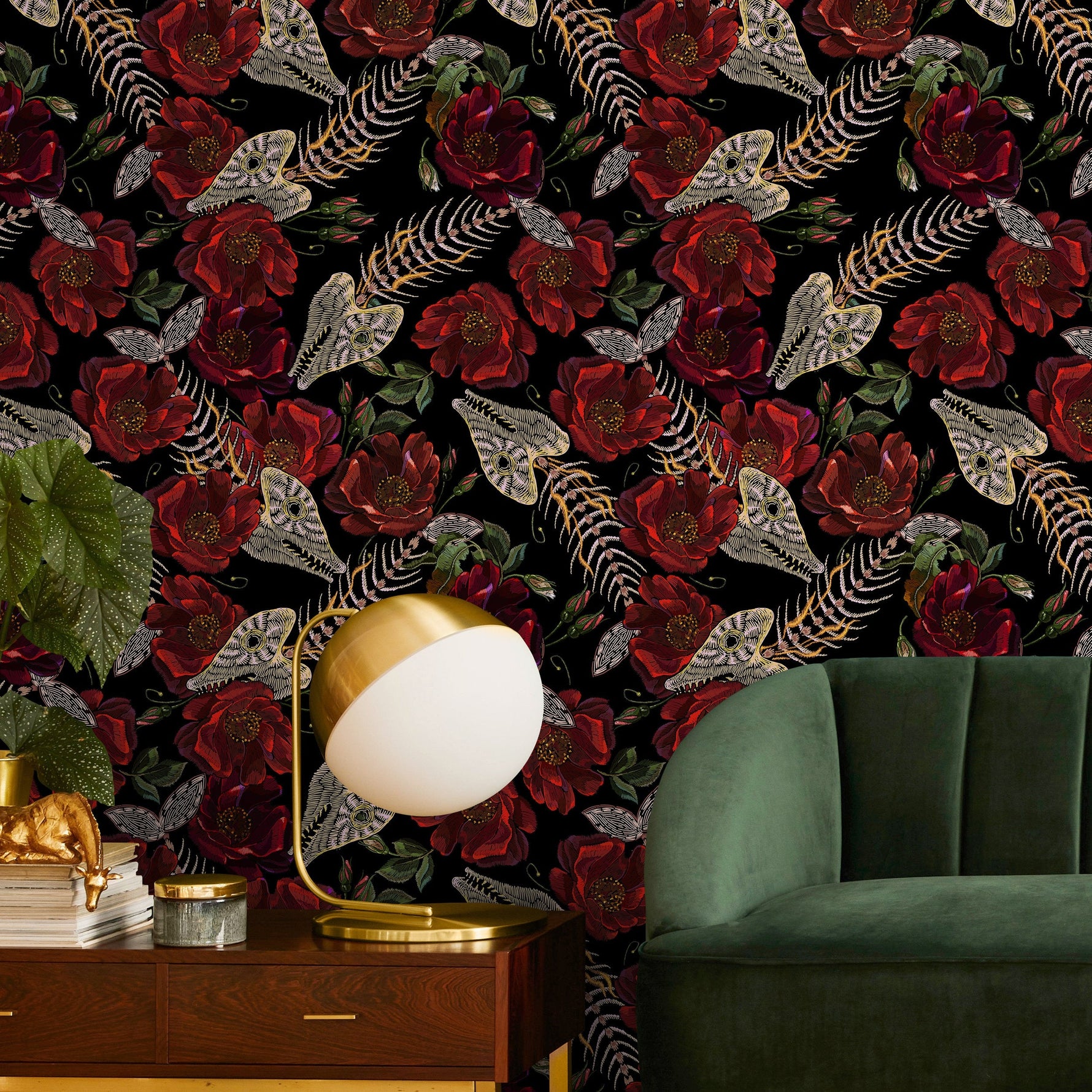 Dark Floral Wallpaper Fish Skeleton Wallpaper Peel and Stick and Traditional Wallpaper - D912