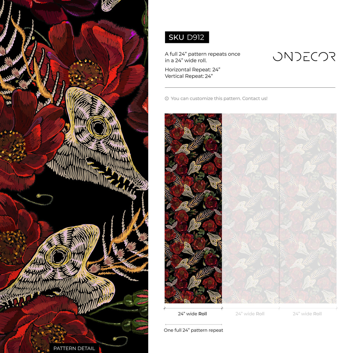 Dark Floral Wallpaper Fish Skeleton Wallpaper Peel and Stick and Traditional Wallpaper - D912