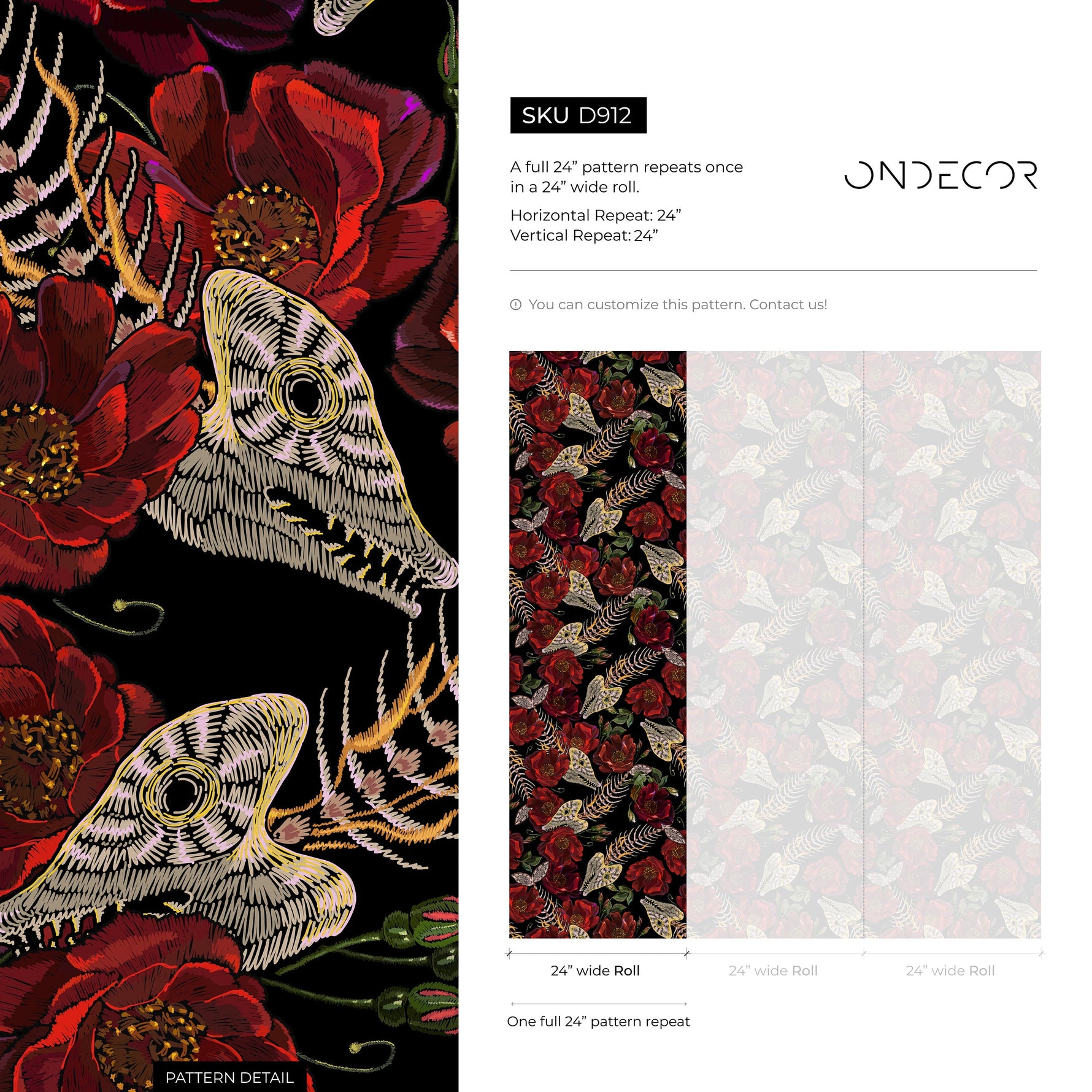 Dark Floral Wallpaper Fish Skeleton Wallpaper Peel and Stick and Traditional Wallpaper - D912