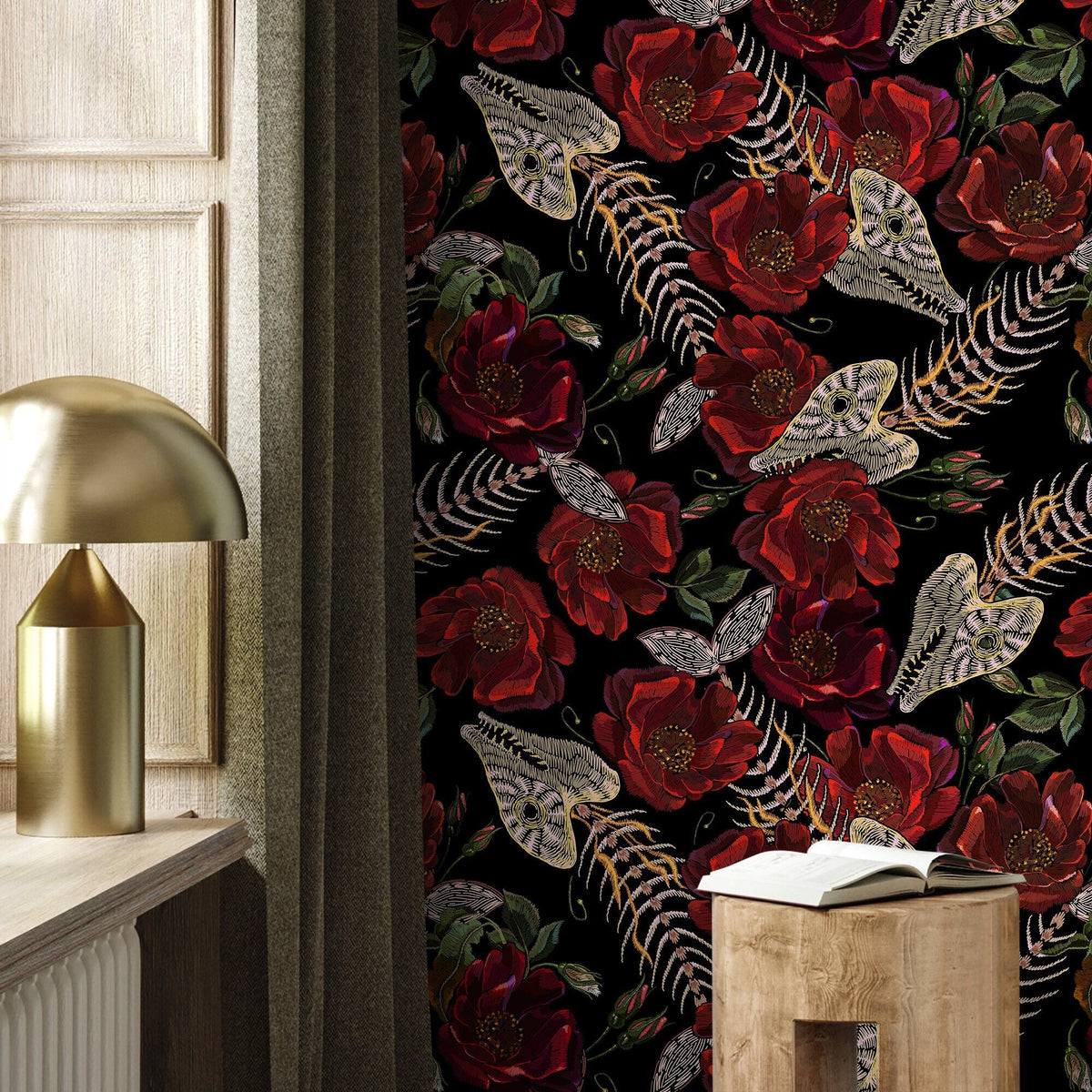 Dark Floral Wallpaper Fish Skeleton Wallpaper Peel and Stick and Traditional Wallpaper - D912