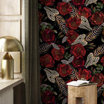 Dark Floral Wallpaper Fish Skeleton Wallpaper Peel and Stick and Traditional Wallpaper - D912