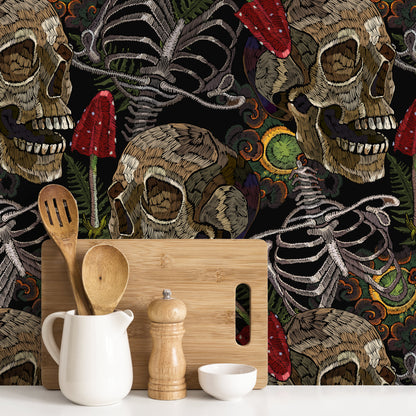Fern and Skull Wallpaper Peel and Stick and Traditional Wallpaper - D917