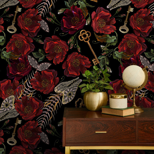 Dark Floral Wallpaper Gothic Maximalist Wallpaper Peel and Stick and Traditional Wallpaper - D918