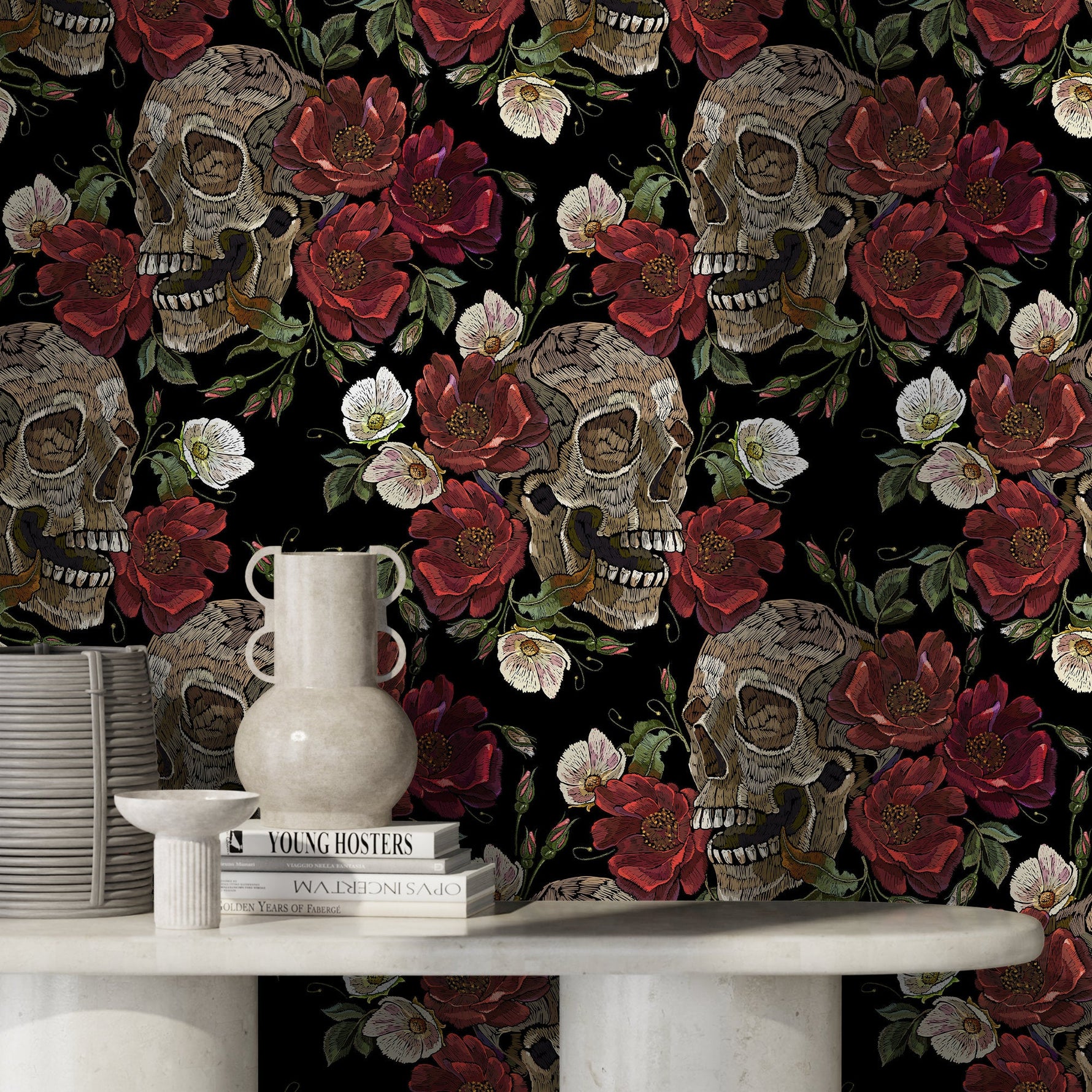 Dark Garden Wallpaper Skulls and Roses Wallpaper Peel and Stick and Traditional Wallpaper - D907