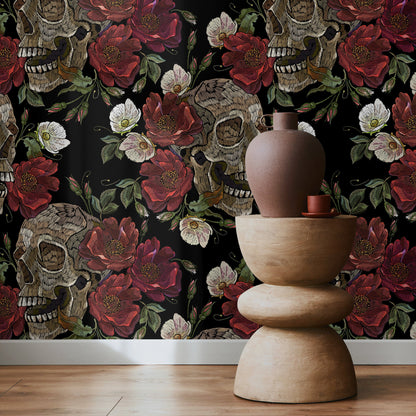 Dark Garden Wallpaper Skulls and Roses Wallpaper Peel and Stick and Traditional Wallpaper - D907