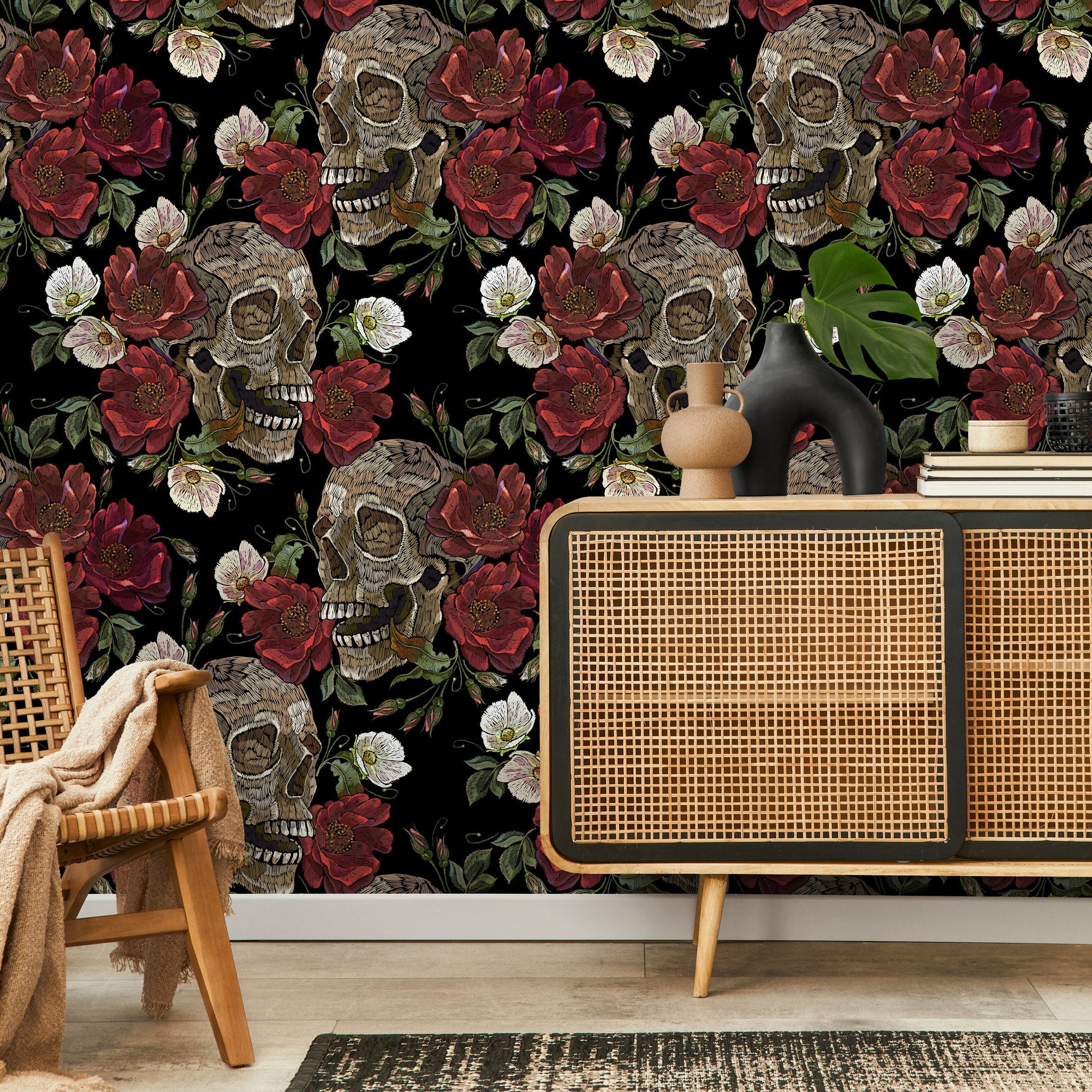 Dark Garden Wallpaper Skulls and Roses Wallpaper Peel and Stick and Traditional Wallpaper - D907
