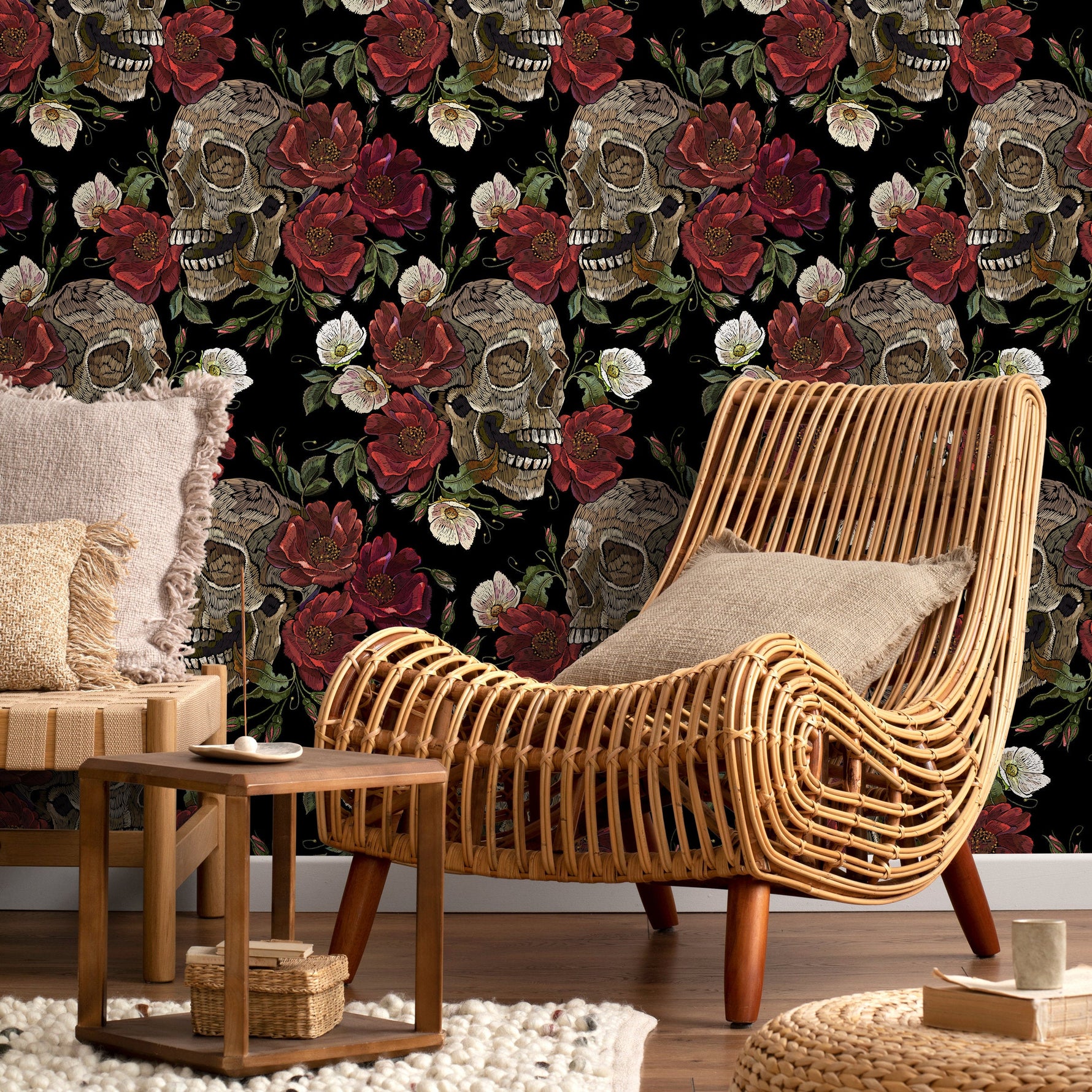 Dark Garden Wallpaper Skulls and Roses Wallpaper Peel and Stick and Traditional Wallpaper - D907