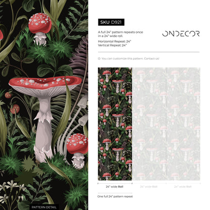 Dark Botanical Wallpaper Fern and Mushroom Wallpaper Peel and Stick and Traditional Wallpaper - D921