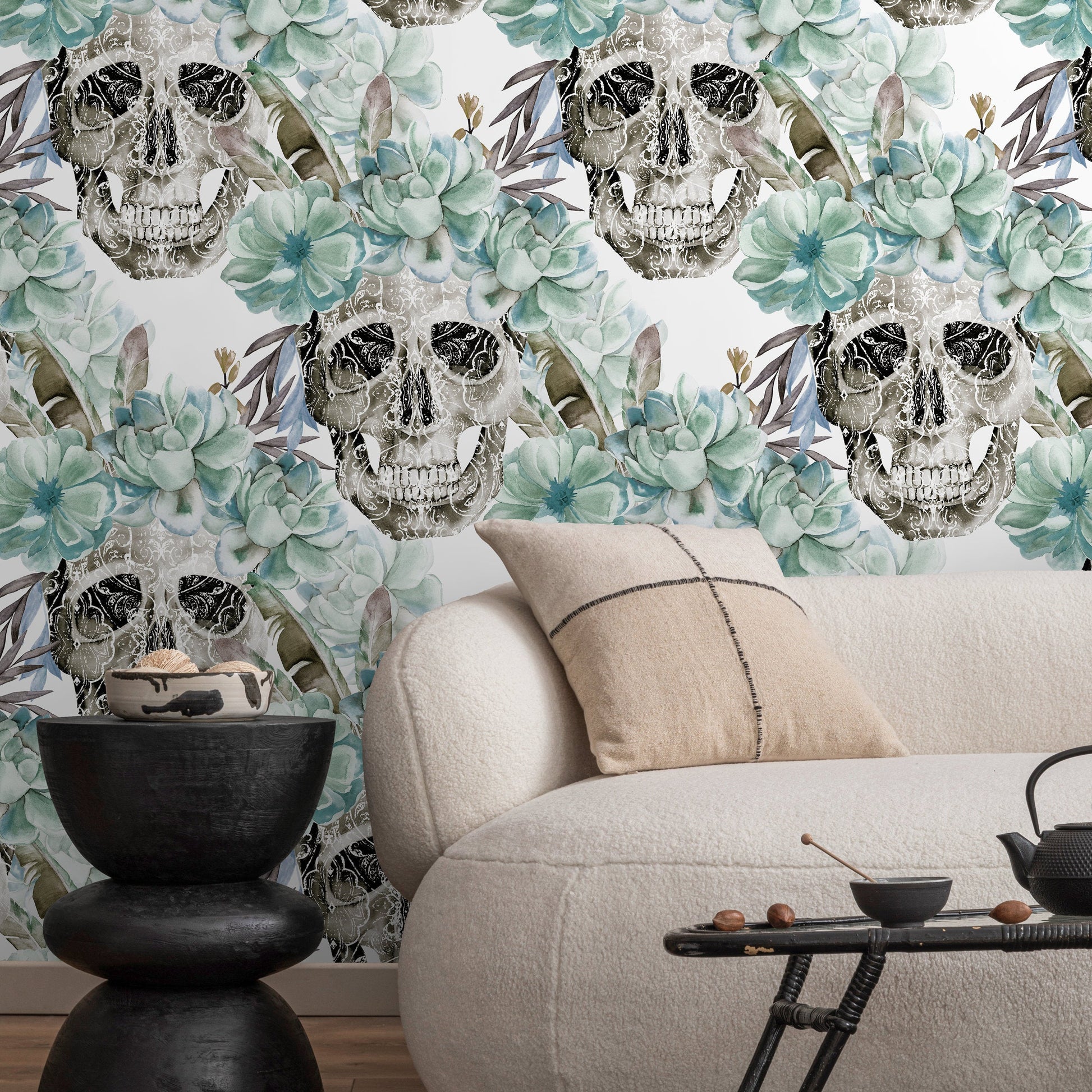 Vintage Floral Wallpaper Succulent and Skull Wallpaper Peel and Stick and Traditional Wallpaper - D925