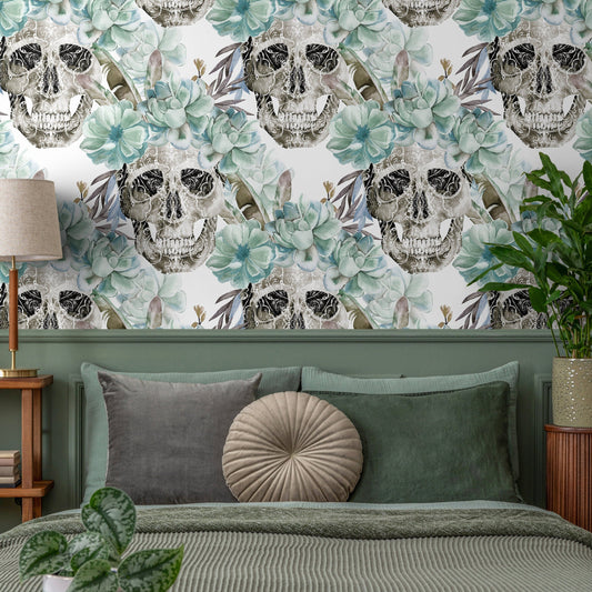 Vintage Floral Wallpaper Succulent and Skull Wallpaper Peel and Stick and Traditional Wallpaper - D925