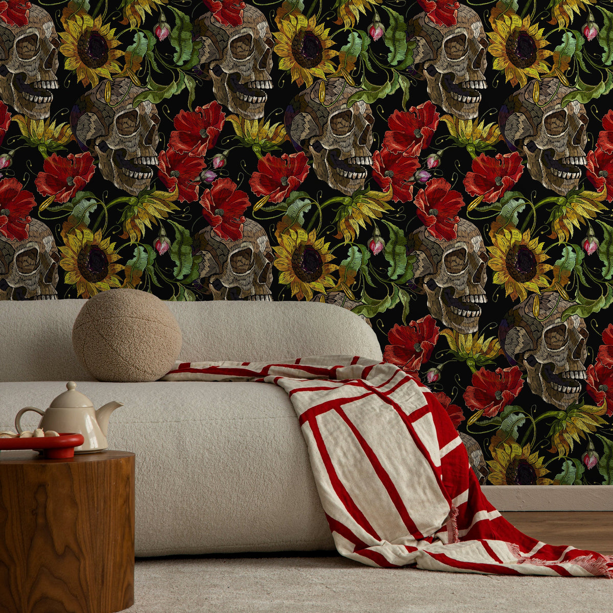Dark Floral Wallpaper Sunflowers and Skulls Wallpaper Peel and Stick and Traditional Wallpaper - D922