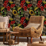 Dark Floral Wallpaper Sunflowers and Skulls Wallpaper Peel and Stick and Traditional Wallpaper - D922