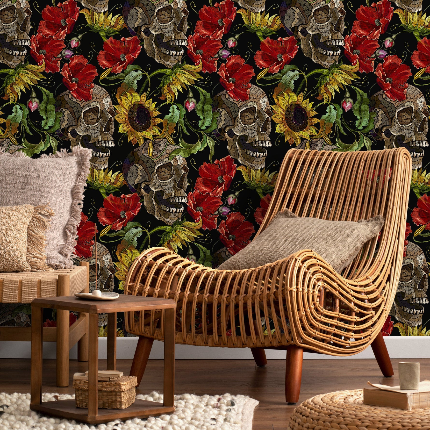 Dark Floral Wallpaper Sunflowers and Skulls Wallpaper Peel and Stick and Traditional Wallpaper - D922