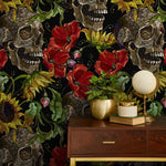 Dark Floral Wallpaper Sunflowers and Skulls Wallpaper Peel and Stick and Traditional Wallpaper - D922