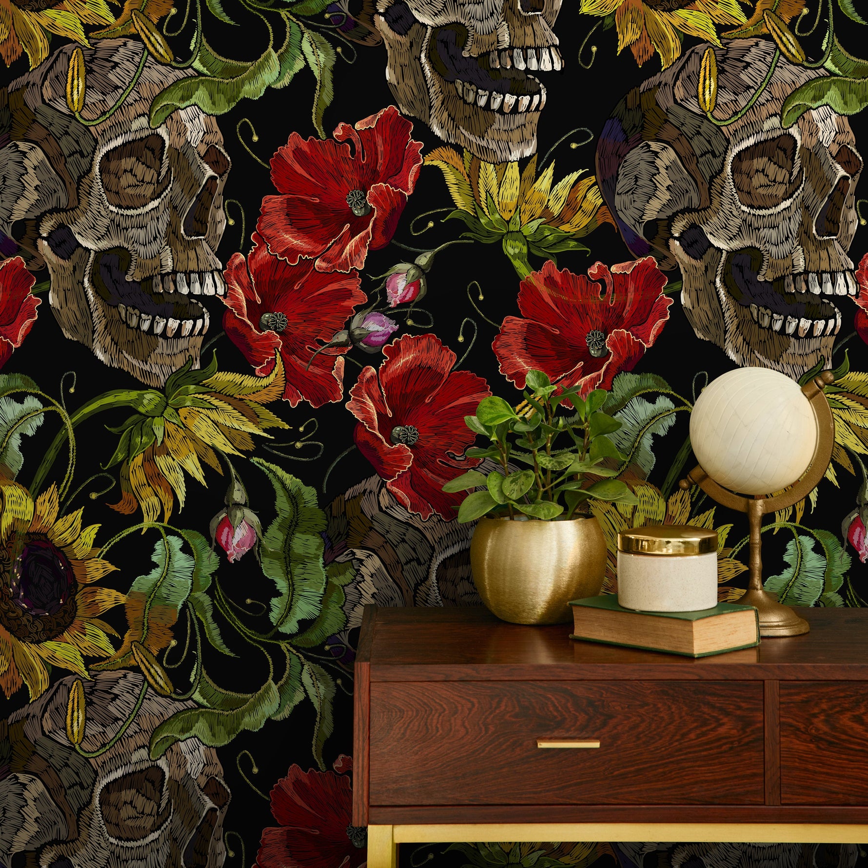 Dark Floral Wallpaper Sunflowers and Skulls Wallpaper Peel and Stick and Traditional Wallpaper - D922