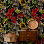 Dark Floral Wallpaper Sunflowers and Skulls Wallpaper Peel and Stick and Traditional Wallpaper - D922