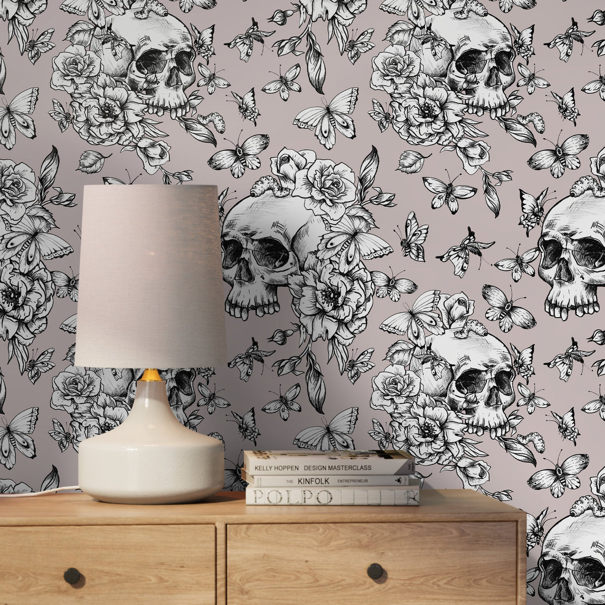 Butterfly and Skull Wallpaper Vintage Floral Wallpaper Peel and Stick and Traditional Wallpaper - D928