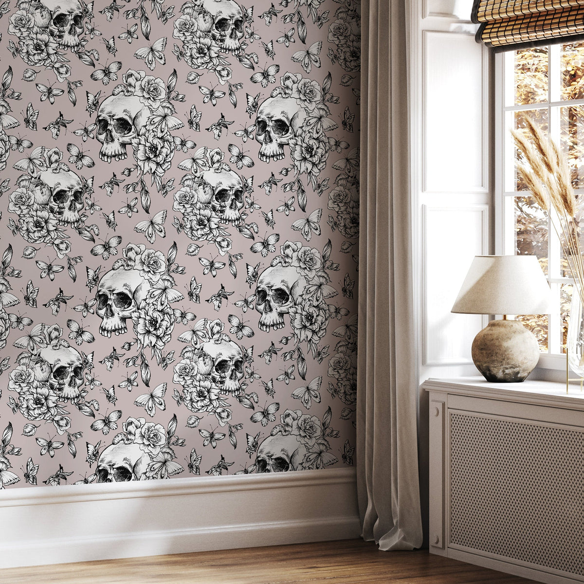 Butterfly and Skull Wallpaper Vintage Floral Wallpaper Peel and Stick and Traditional Wallpaper - D928