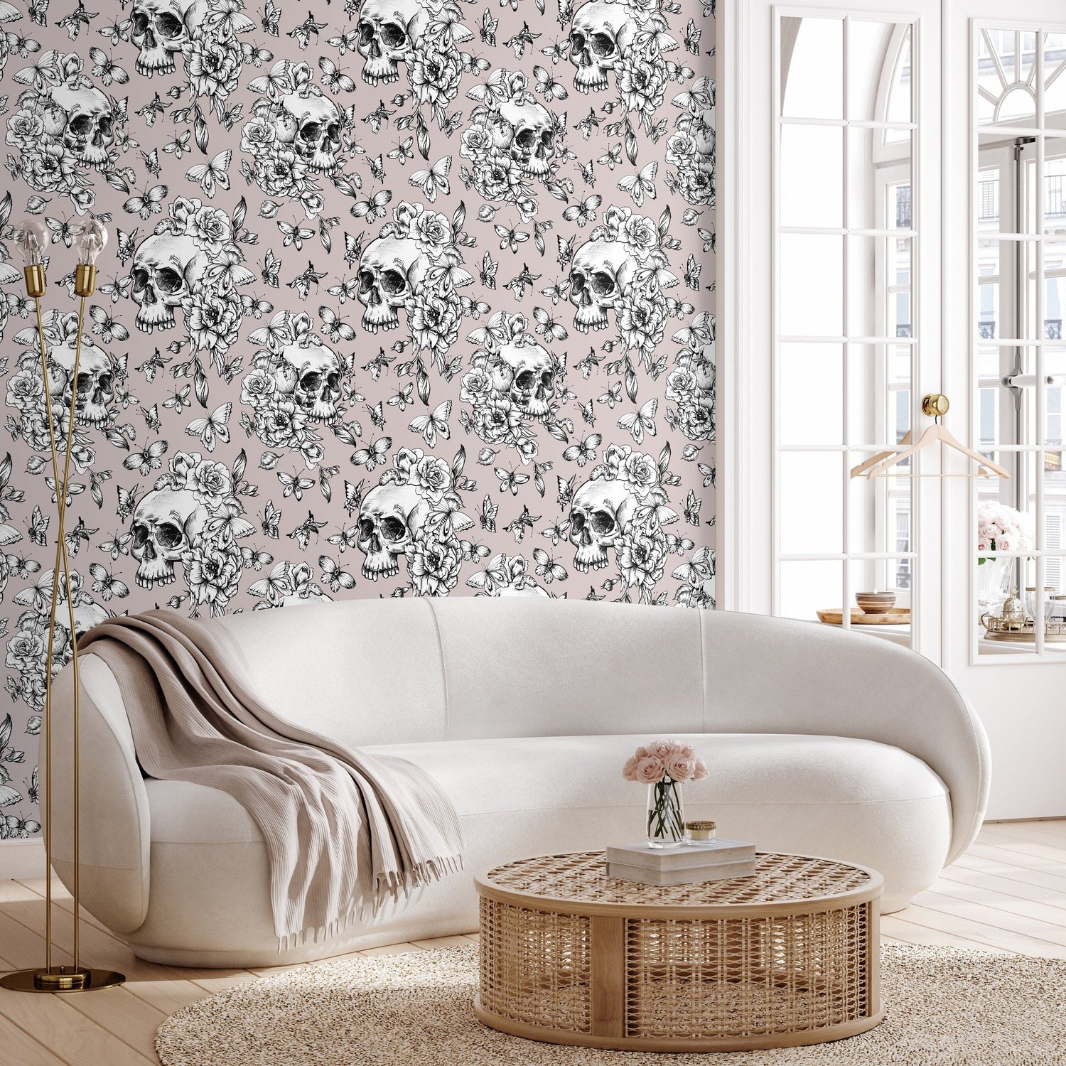 Butterfly and Skull Wallpaper Vintage Floral Wallpaper Peel and Stick and Traditional Wallpaper - D928