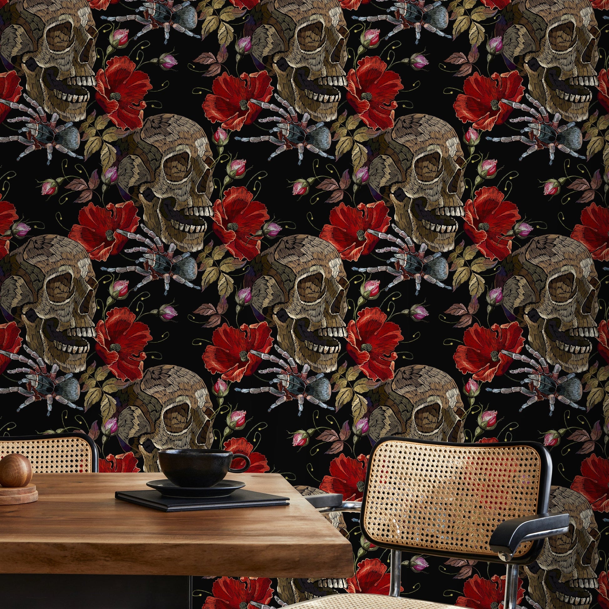 Dark Floral Wallpaper Spider and Skull Wallpaper Peel and Stick and Traditional Wallpaper - D916