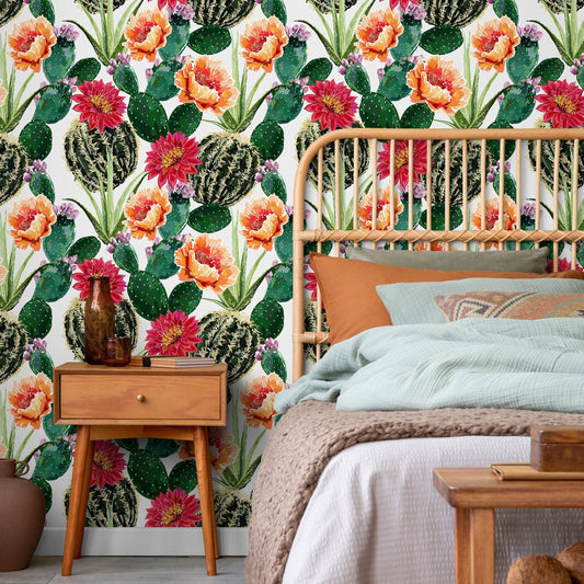 Floral Cactus Wallpaper, Floral Wallpaper, Removable Wallpaper, Cactus, Cute Cactus Wallpaper, Flower Wallpaper - A911
