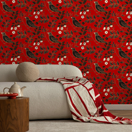 Red Bird Wallpaper, Wallpaper, Dark Bird, Dark Birds Wallpaper, Temporary Wallpaper, Peel and Stick - A924