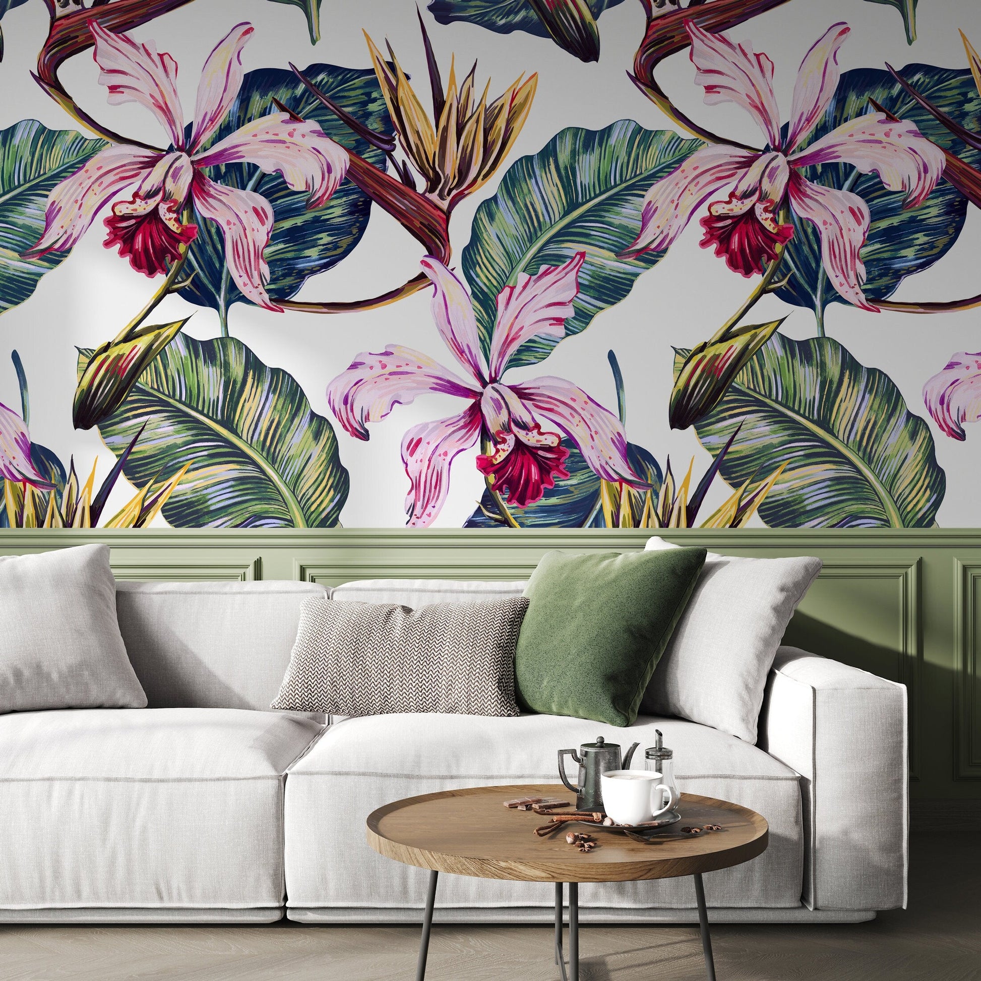 Removable Wallpaper Peel and Stick Wallpaper Wall Paper Wall Mural - Banana Leaf Wallpaper Orchid Wallpaper - A584