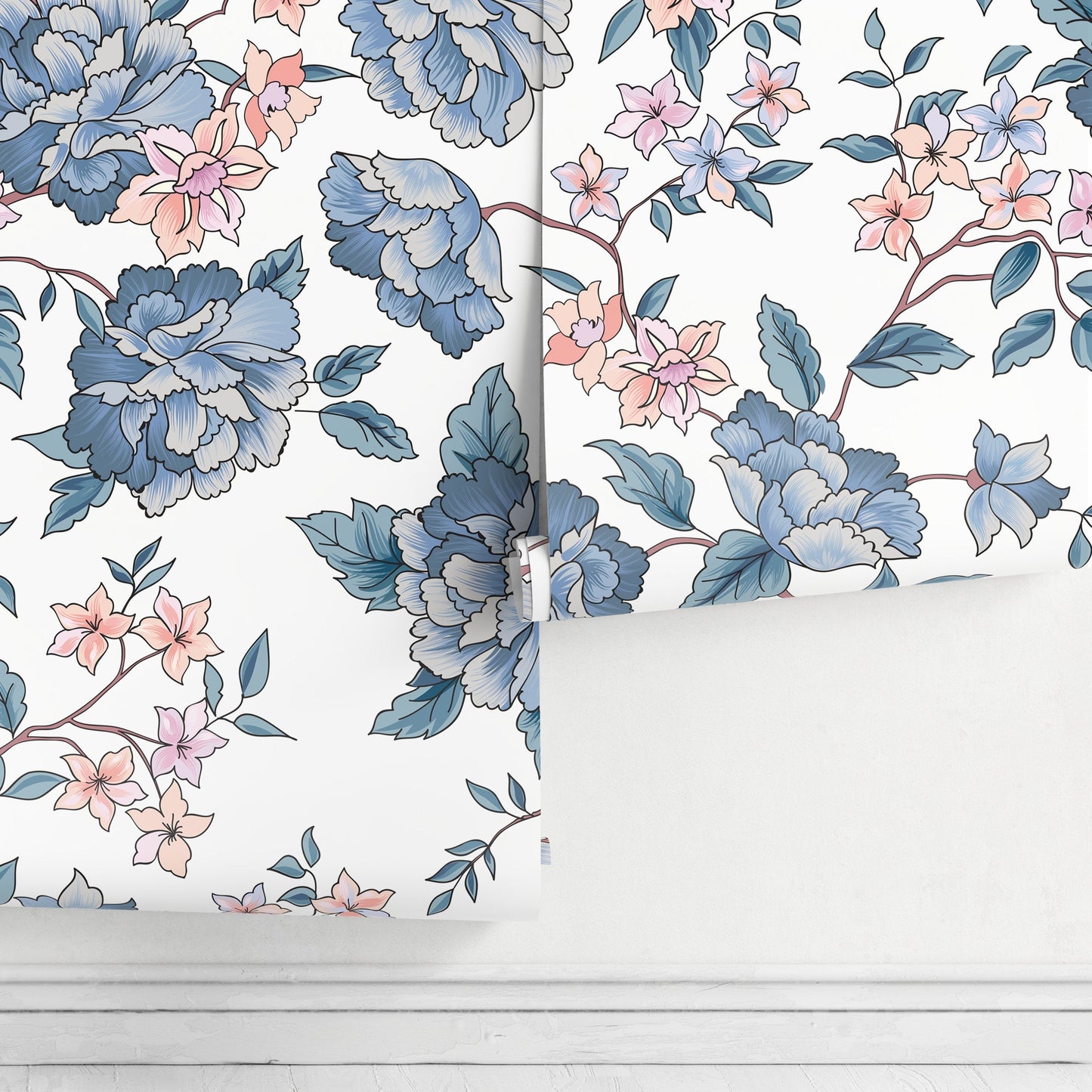 Wallpaper Peel and Stick Wallpaper Removable Wallpaper Home Decor Wall Art Wall Decor Room Decor / Blue Vintage Floral Wallpaper - A594